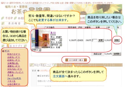 �y���i�ڍׁz�́u�J�[�g�ɓ����v�{�^���������Ƃ��̃y�[�W�֔�т܂��B�����ɑI�񂾏��i���X�g�b�N���Ă����܂��B�܂��A�������𑱂�����͍��́u���i�J�e�S���v����y�[�W��I��ł��������B